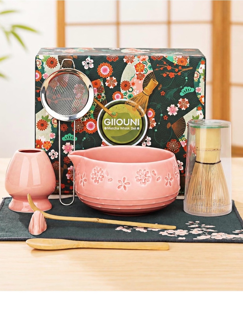 PINK - GIIOUNI MATCHA WHISK SET, CERAMIC MATCHA SET WITH BOWL, CHASEN HOLDER,